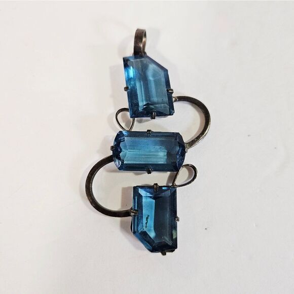 Vintage Artisan Large Marine Blue Prong Set Rhinestone Antiqued Silver Pendant - Picture 2 of 9